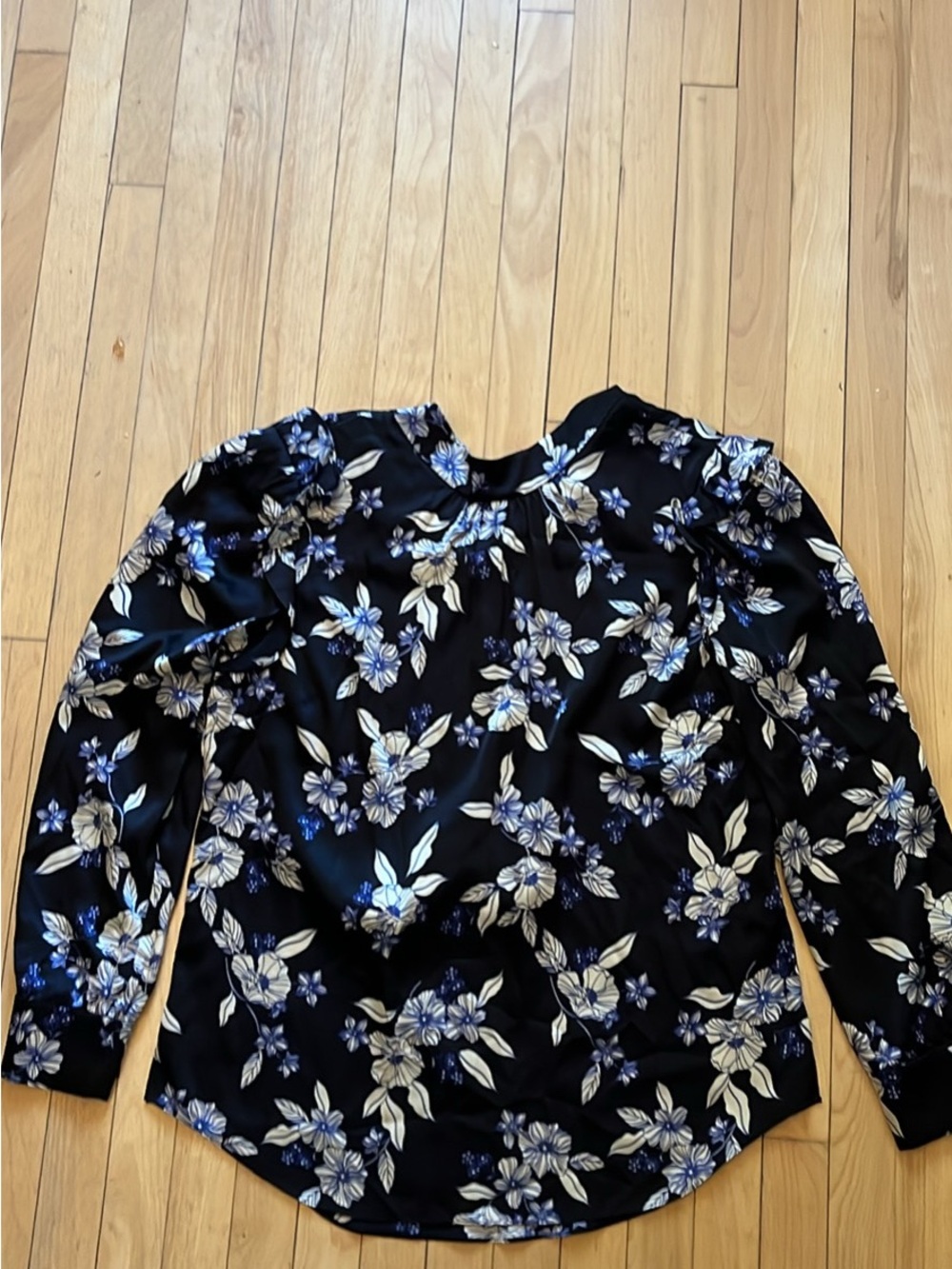 Veronica Beard Black Floral Long-Sleeve Blouse with Blue and Cream Blooms